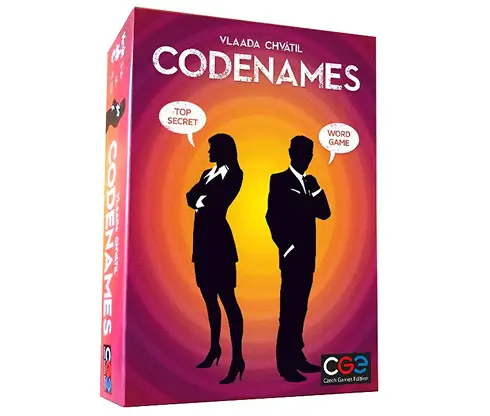 Codenames bordspeldoos met silhouetfiguren, een populair woordspel voor teamuitjes.
