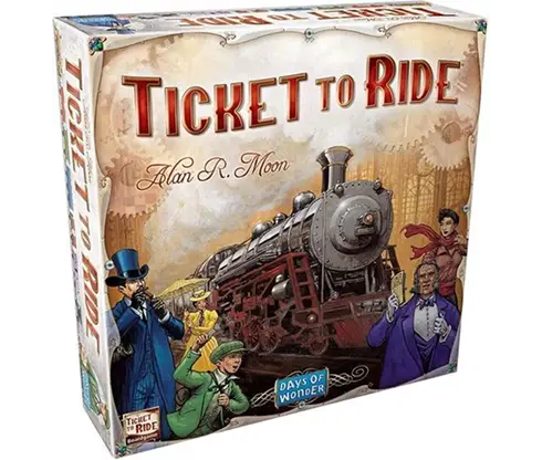 De doos van het bordspel Ticket to Ride, met een vintage treinillustratie, is een populair strategiespel over het spoor.