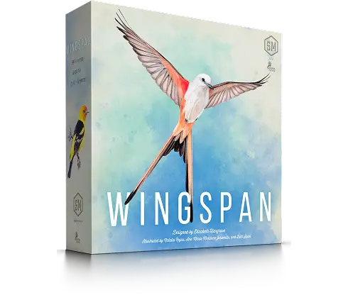De doos van het bordspel Wingspan is voorzien van een vogelillustratie en het spel draait om het bouwen van een spelmechanisme met een natuurthema.